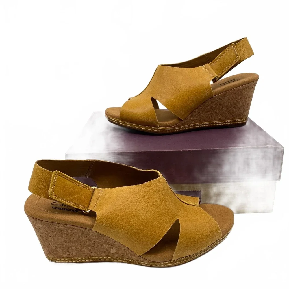 Clarks Tan Leather Slingback Wedges | Women’s US 8